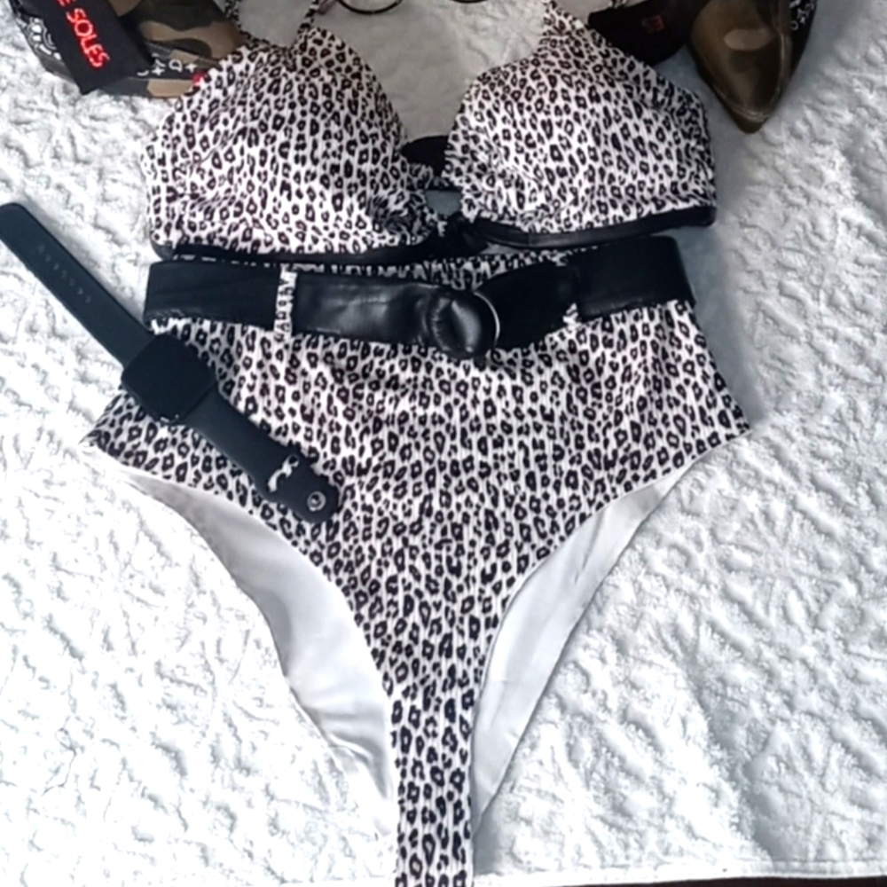 Leopard swimsuit trimmed in faux leather